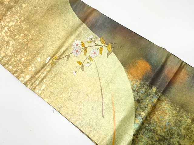 金彩　草花模様　刺繍　名古屋帯